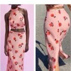 Zara pink floral linen blend midi skirt xxl